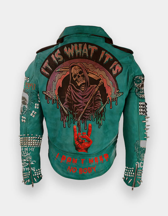 Green Studded Leather Women, Punk studded leather Jacket Handmade with Cow Leather, Pins and Patches Studded Leather Club Wears Jacket,